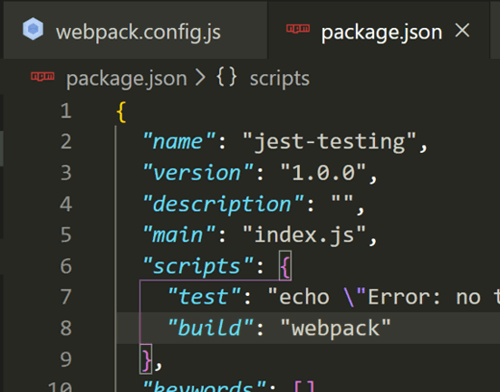 In package.json, add a script to run webpack