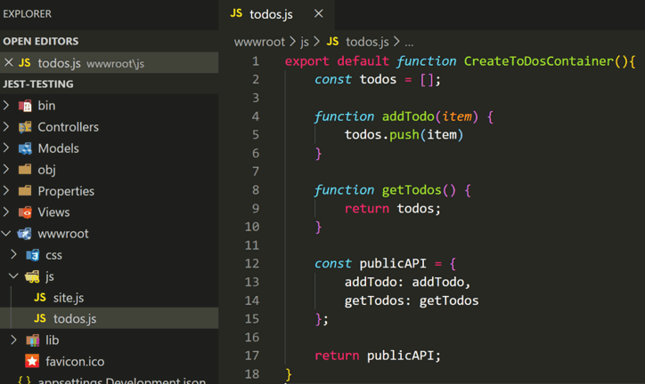 Create a file called todos.js with the following code and put it in the wwwroot/js/ folder picture
