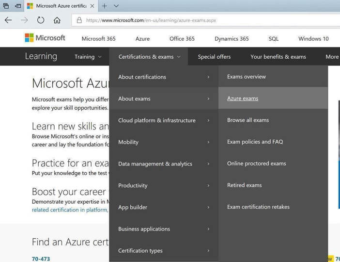 list of exams pertaining to certifications regarding Azure technologies