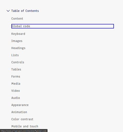 A11y table of contents custom focus state example