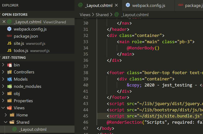 Then, open _Layout.cshtml and change the script tag to reference the new bundled file.