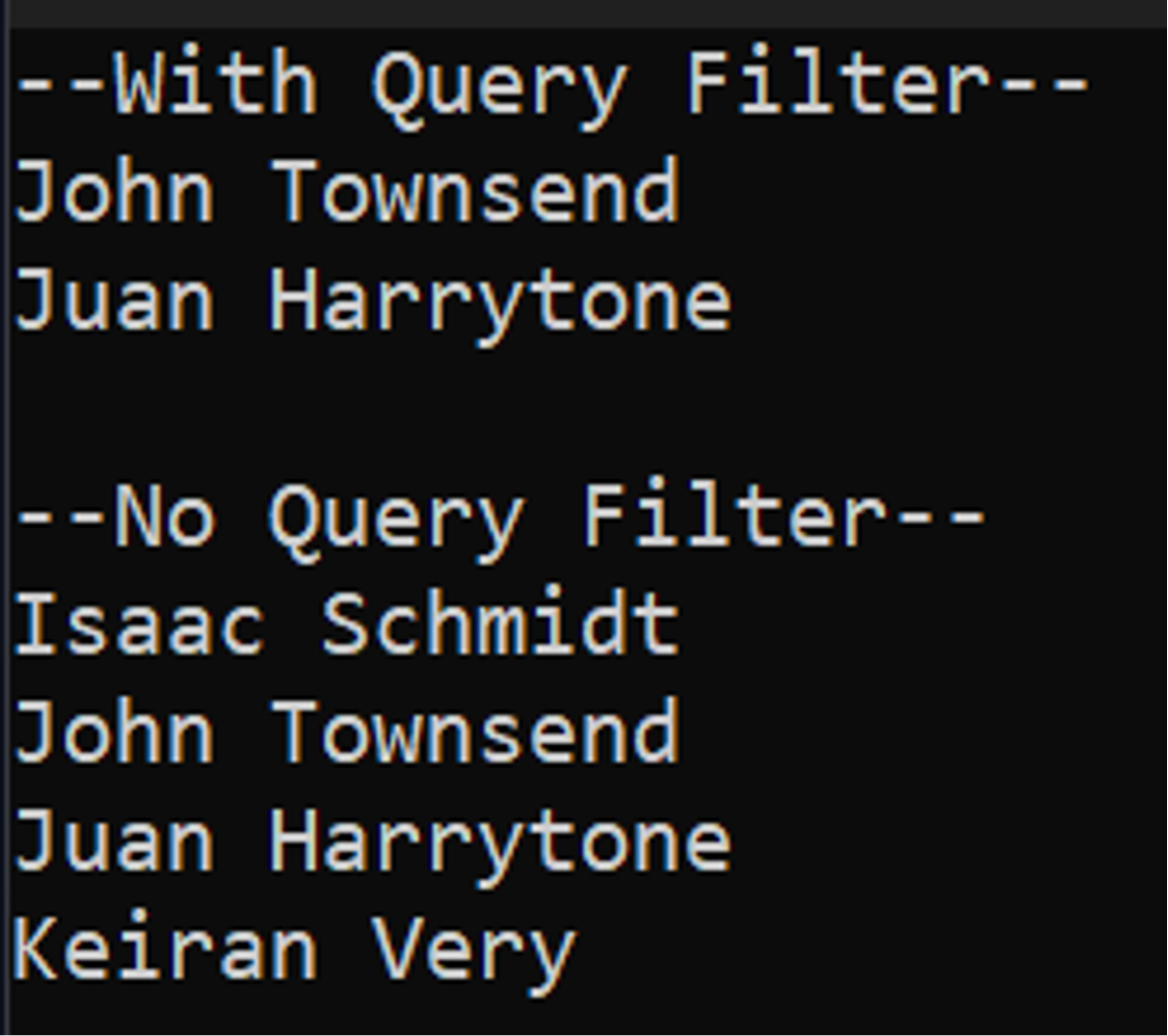 Query filtering example console results
